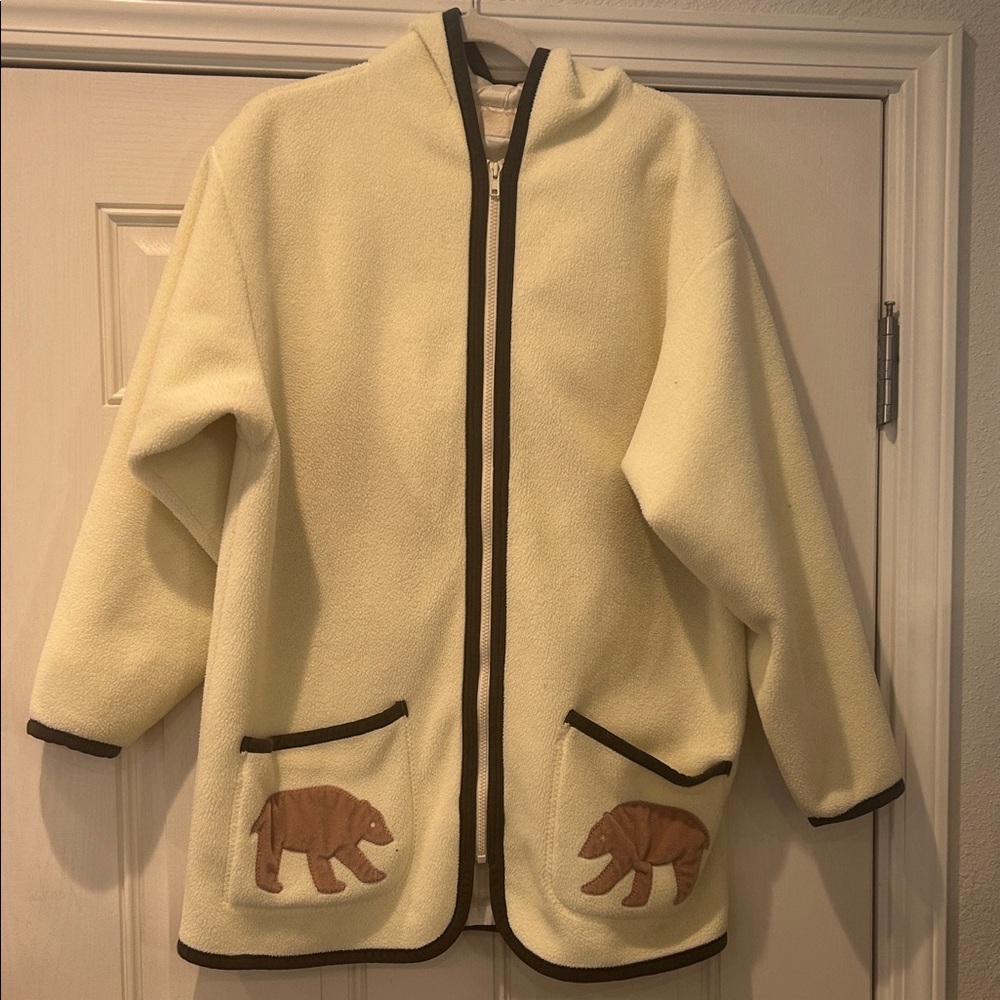Women Cream Fleece Jacket with Bear Pockets